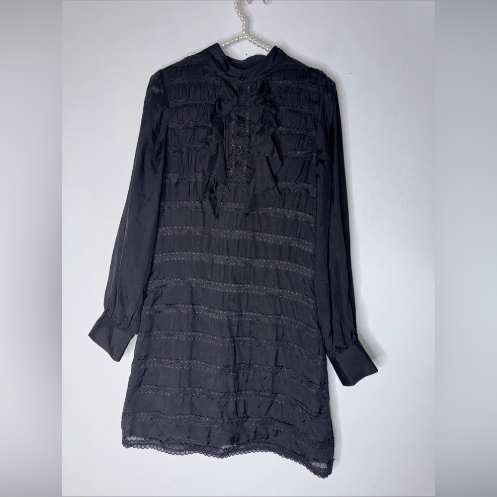 Jenny Han Silk Dress S Black Half Button Ruffle Front ShirtDress Lined Side Zip‎